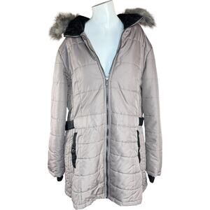 Susan Graver Water-Resistant Puffer Coat with Faux Leather Detail Thistle Large